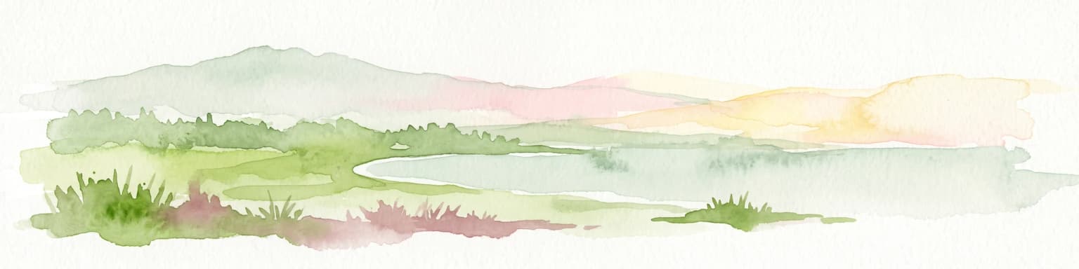 A soft watercolor illustration depicting a coastal landscape with green marshy vegetation, a calm body of water, and rolling hills in the background.