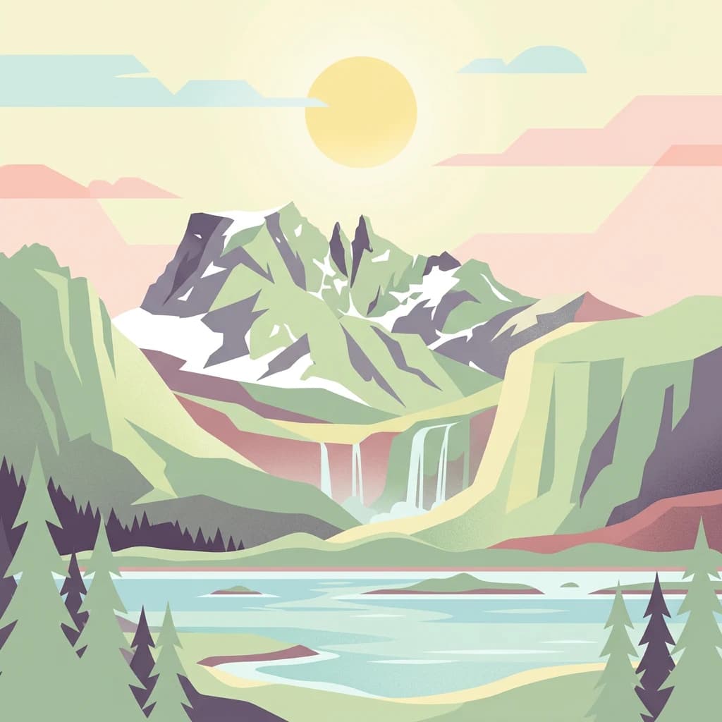 Stylized illustration of mountain peaks, waterfalls, a lake, and coniferous trees under a sunny sky with a large sun and pastel clouds