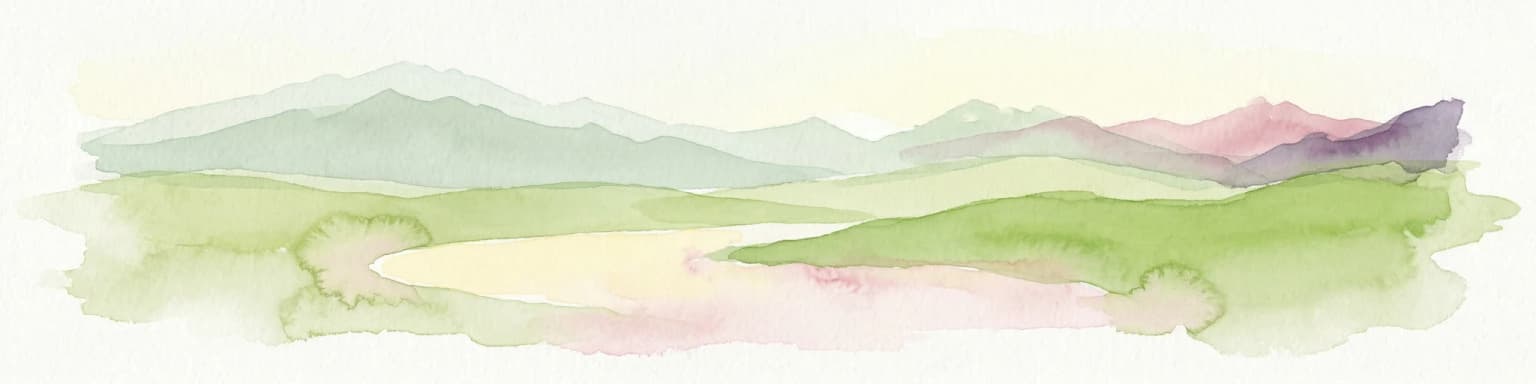 Watercolor illustration showing mountains, a lake, and rolling hills