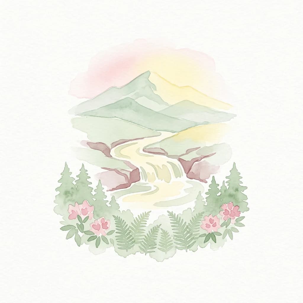 Watercolor depiction of a mountain stream flowing through a forest with pine trees and flowers