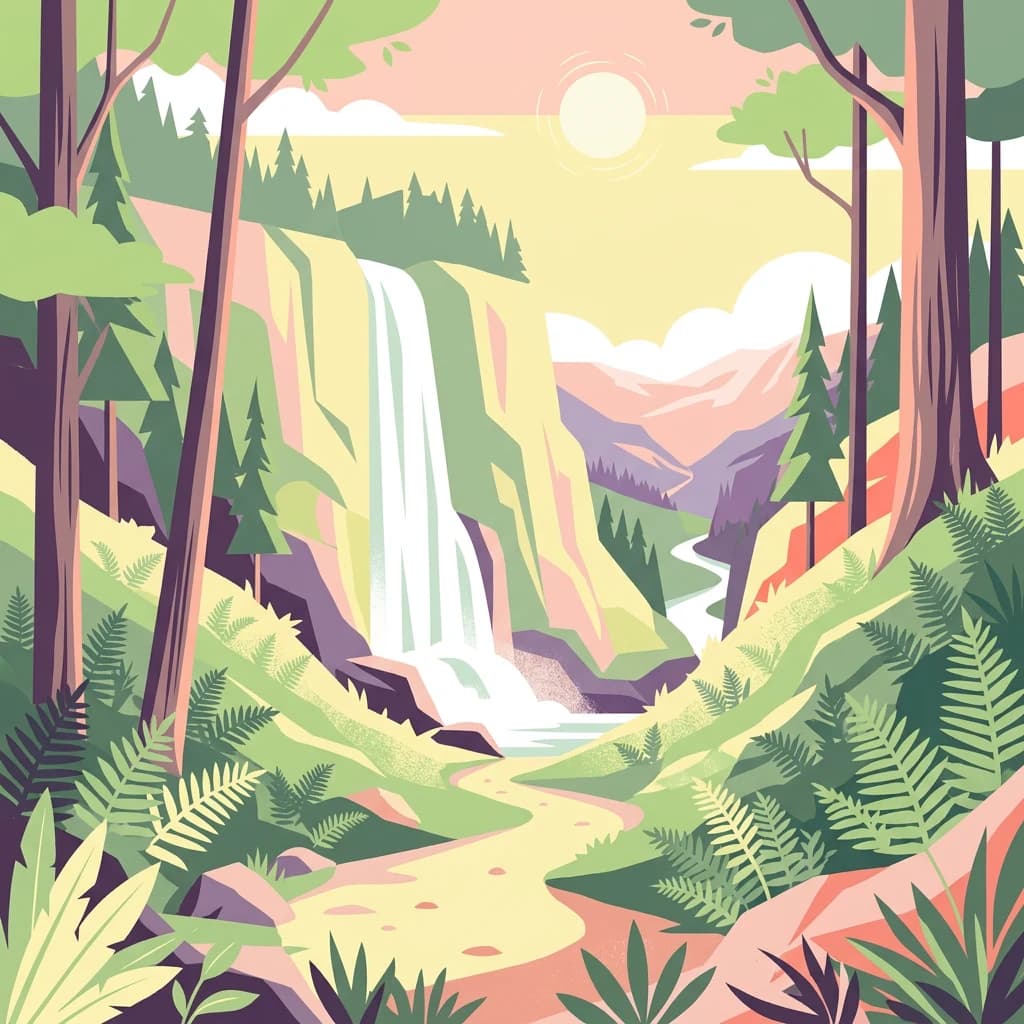 Stylized illustration of a waterfall cascading through a forested area with ferns, trees, and a path leading toward the falls