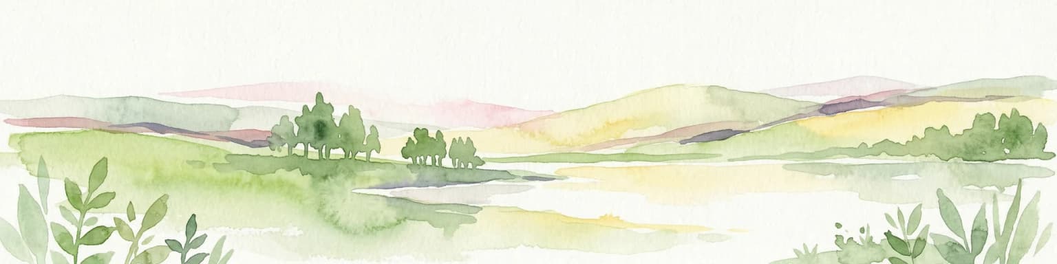Watercolor illustration of a landscape with green hills, trees, and a body of water