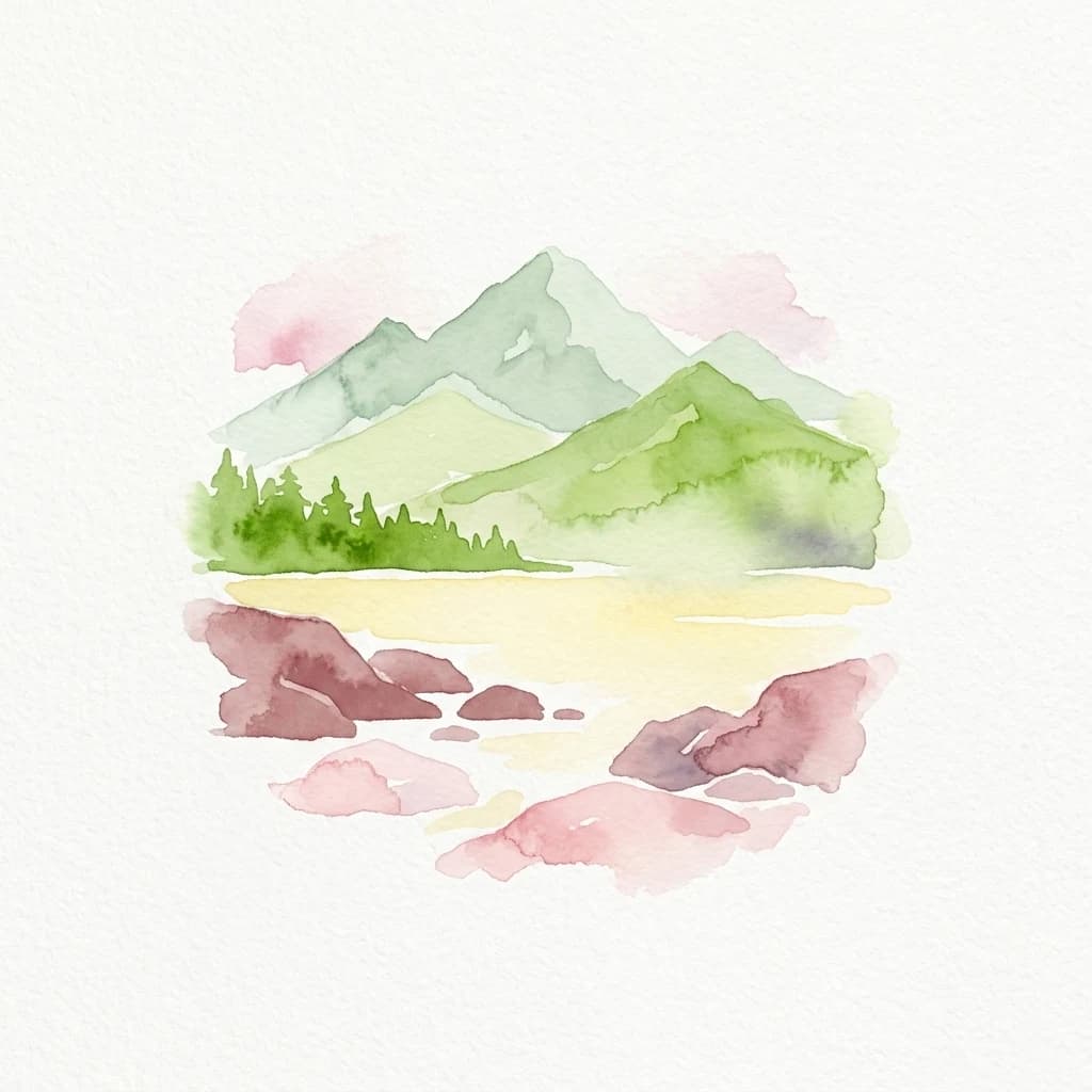 Ilustración de acuarela que representa una cordillera con laderas verdes, una masa de agua y rocas rosadas en primer plano.