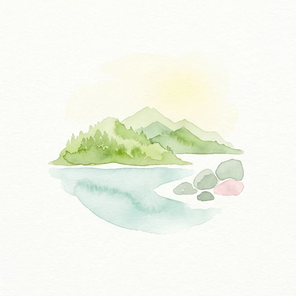 Pintura de acuarela que muestra una isla con montañas verdes, una masa de agua y rocas con reflejo