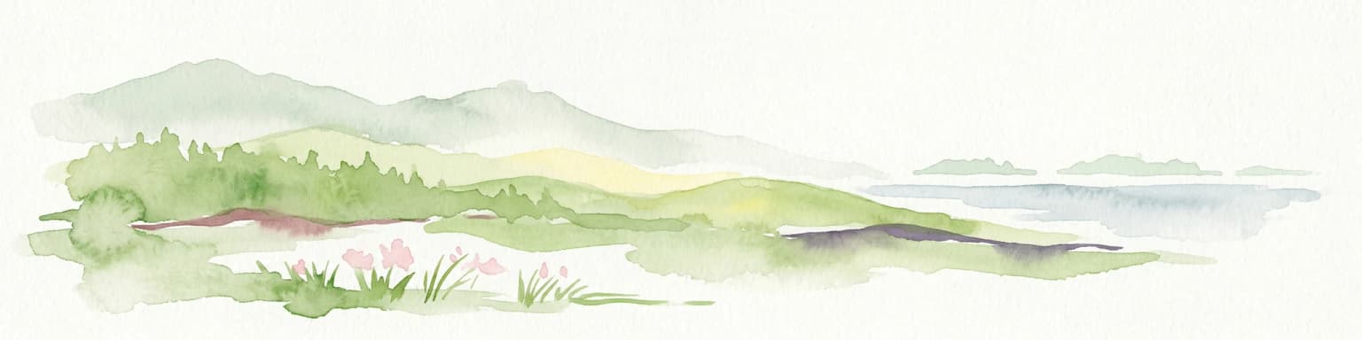 Watercolor illustration of a coastal landscape with rolling hills, green vegetation, pink flowers, and a body of water in the background