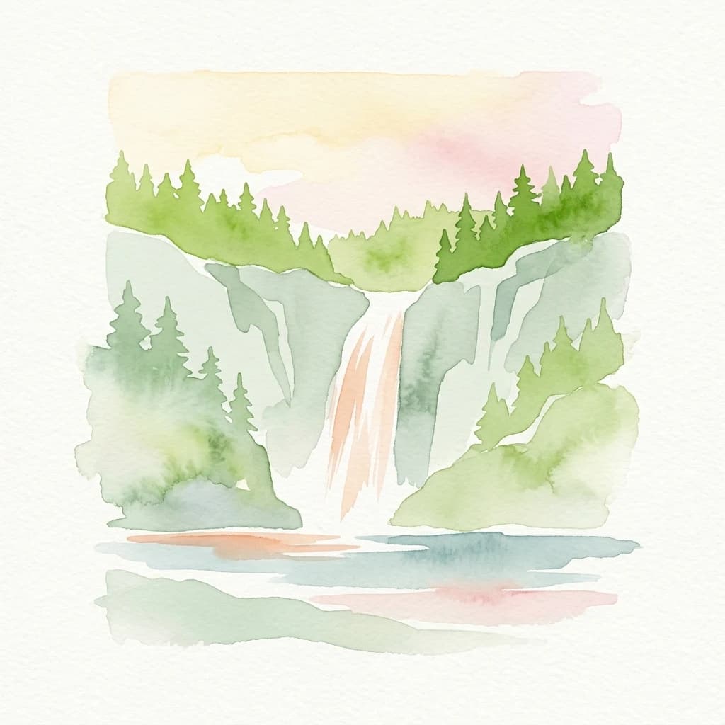 Watercolor painting depicting a waterfall surrounded by green trees and cliffs with a body of water in the foreground
