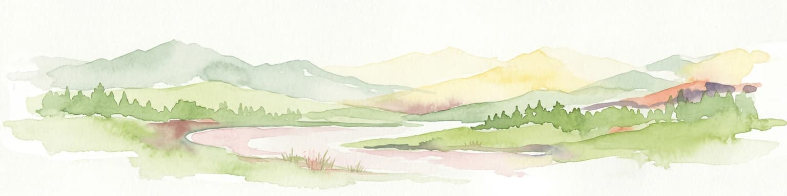 Watercolor painting showing mountains, a river, and forested areas