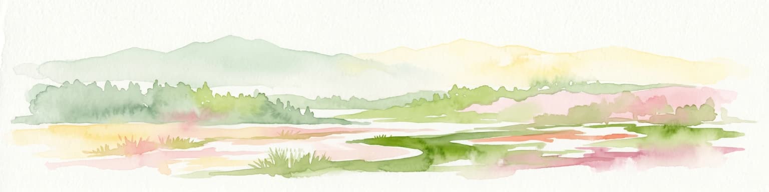 Pintura de acuarela que muestra campos verdes, áreas rosas y amarillas, y montañas distantes