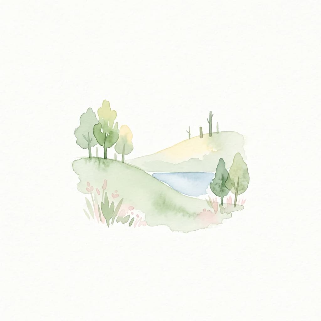 Watercolor illustration of a small lake surrounded by green hills, trees, and wildflowers