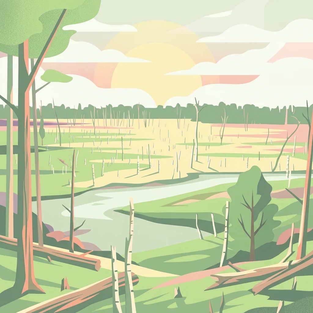 Illustrated view of a river winding through a forested wetland with trees and a sunset sky