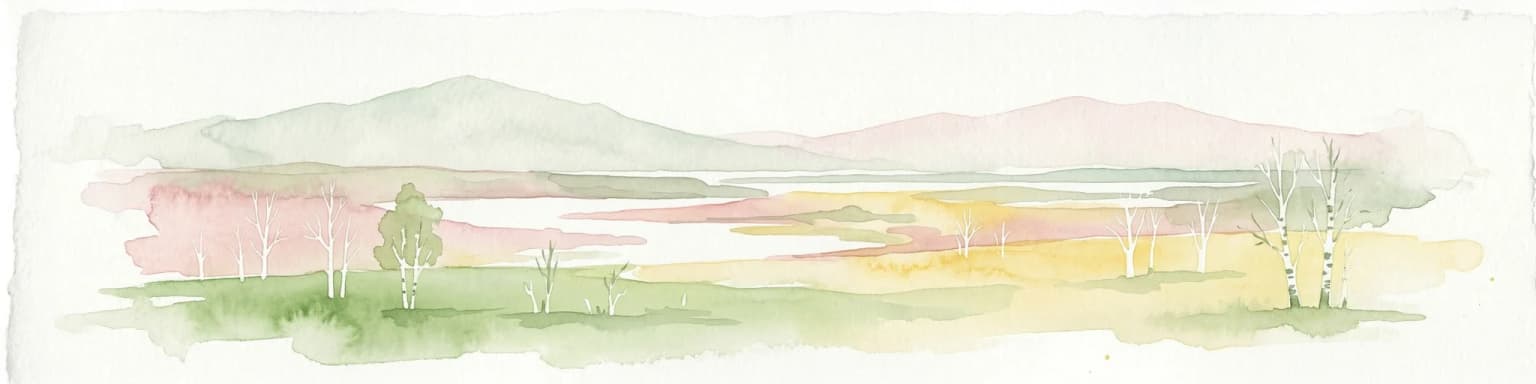 Watercolor painting of a landscape with a lake, trees, and distant hills