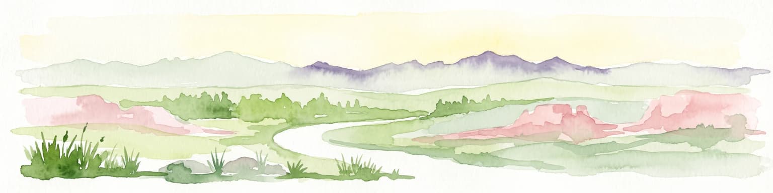 Una ilustración horizontal en acuarela que representa un paisaje desértico con picos montañosos púrpuras a lo lejos, colinas verdes onduladas y un sendero serpenteante, todo en colores suaves y claros.