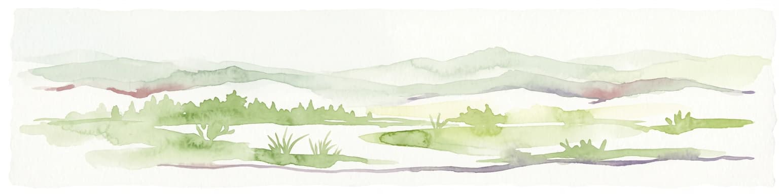 Una ilustración horizontal en acuarela de un paisaje de humedal suave y verde con colinas onduladas al fondo y un río serpenteante en primer plano.