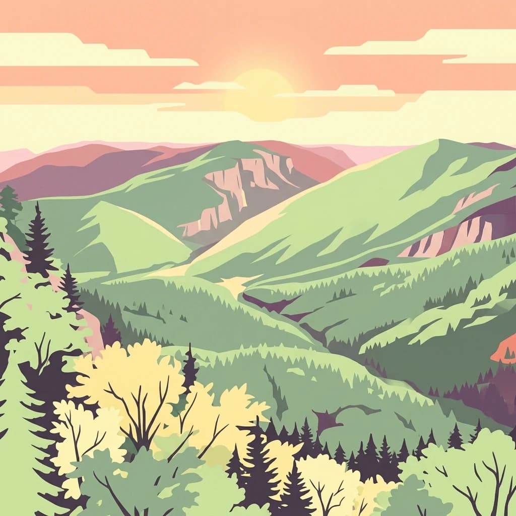 Illustration of green mountainous landscape with forested valleys, rocky outcrops, and orange sky at sunset