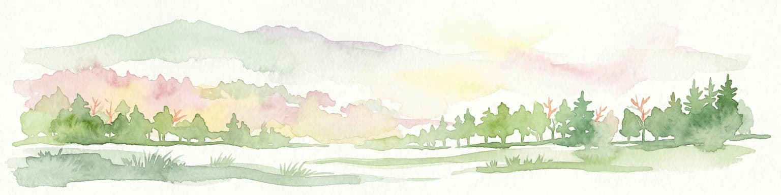 Watercolor illustration of a forested landscape with mountains, trees, and a river