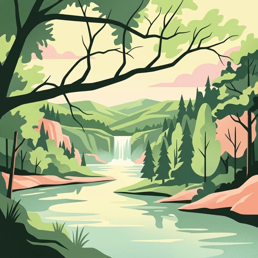 Illustration showing a river flowing through a forested landscape with a waterfall and hills in the background