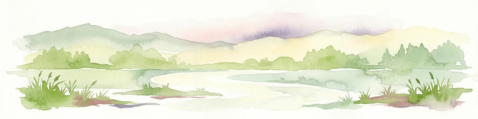 Watercolor illustration showing a river, grassy banks, distant trees, and hills under a soft sky