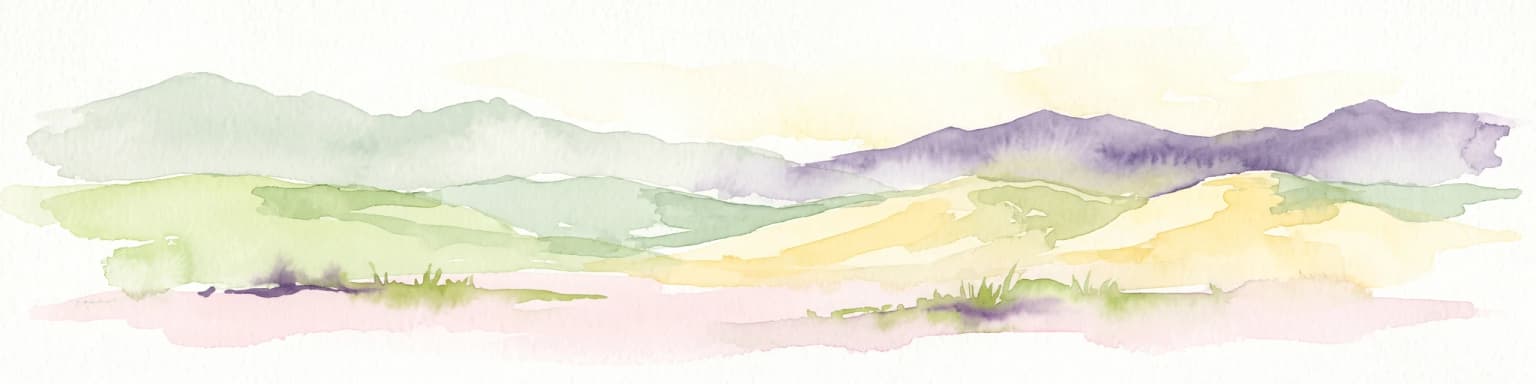 Watercolor painting of soft, rolling green hills and dunes with purple mountain peaks in the distance against a white background.