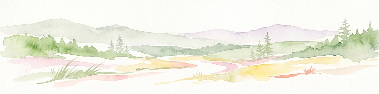 A soft watercolor painting of rolling hills, grassy meadows, and coniferous trees set against a pale background.