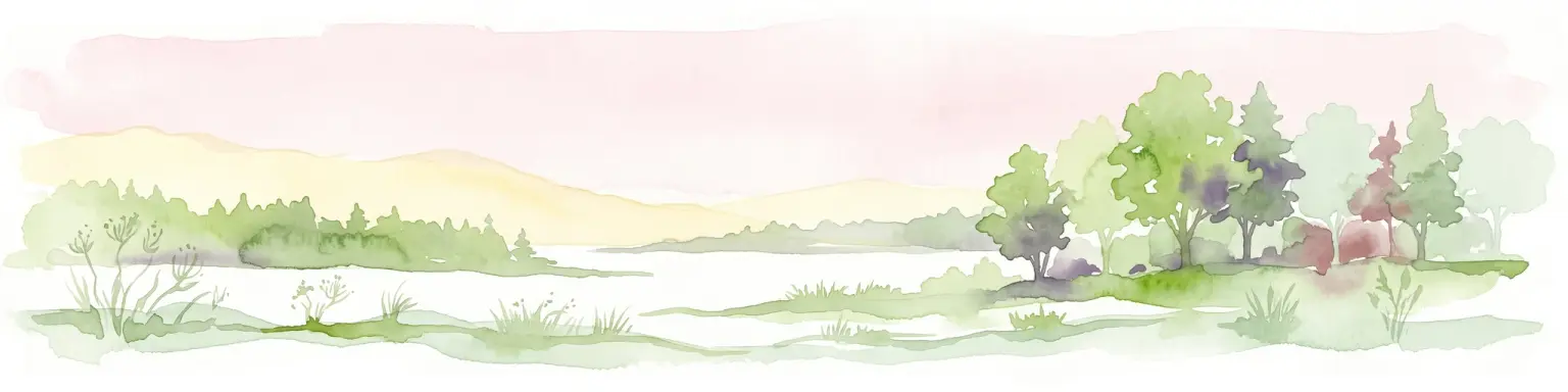 Ilustración en acuarela de un paisaje tranquilo con colinas de colores suaves, árboles verdes y un primer plano abierto sobre fondo blanco.