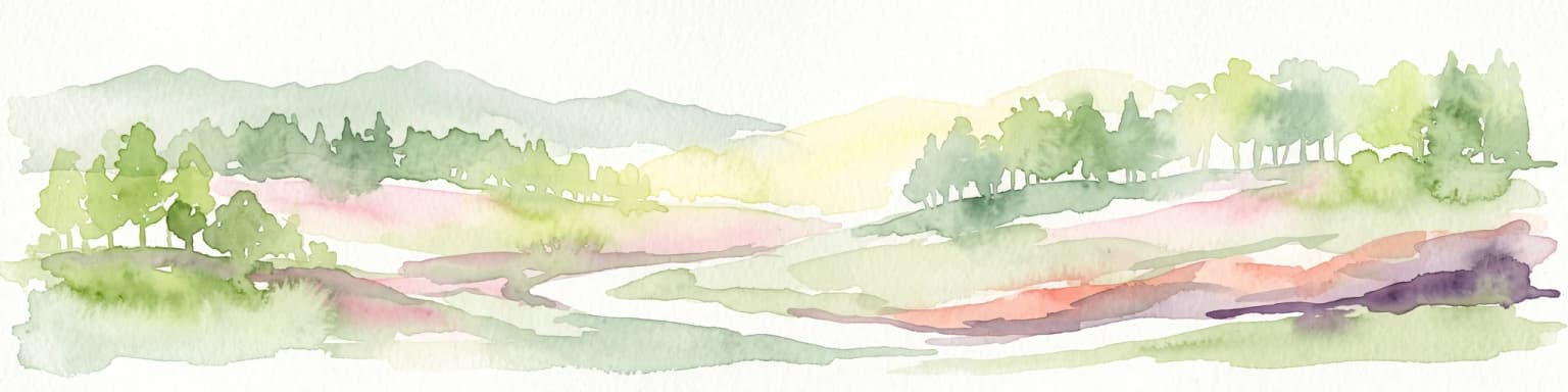 A soft watercolor illustration of a rolling natural landscape with green trees, distant hills, and gentle colors on a white background.