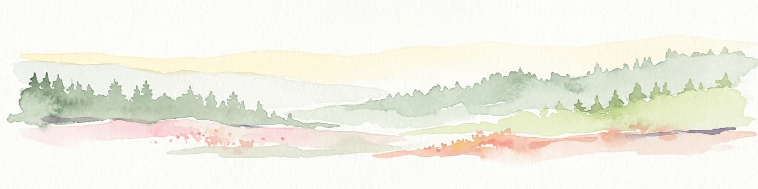 A watercolor illustration of rolling hills with a treeline and meadow, featuring soft green and orange tones on a white background.