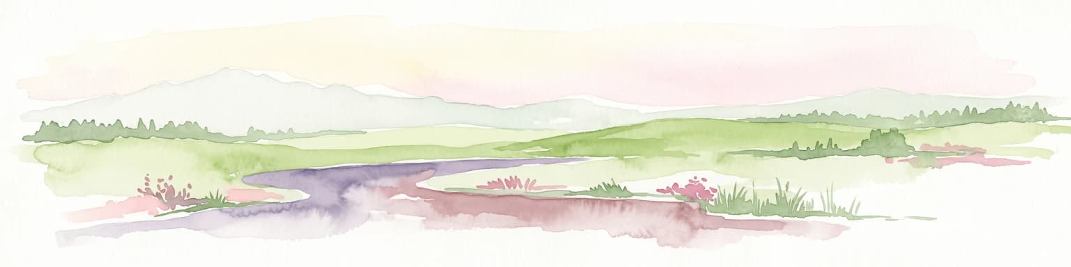 Una pintura horizontal en acuarela que muestra un río serpenteante a través de un valle verde suave con colinas onduladas al fondo.