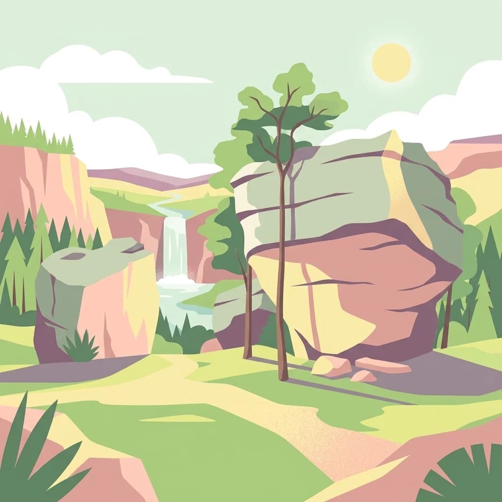 Stylized illustration showing rock formations, waterfall, green vegetation, and trees in a mountainous landscape