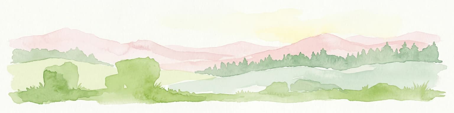 Green fields, trees, and pink-hued mountains in a watercolor landscape