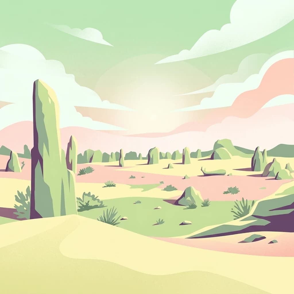Illustration showing limestone pillars in a desert landscape with sandy dunes, sparse vegetation, and a pastel-colored sky