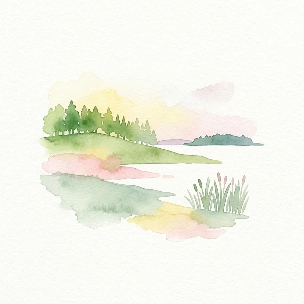 Watercolor illustration of a lake with green trees on a hill, reeds in the foreground, and a distant island