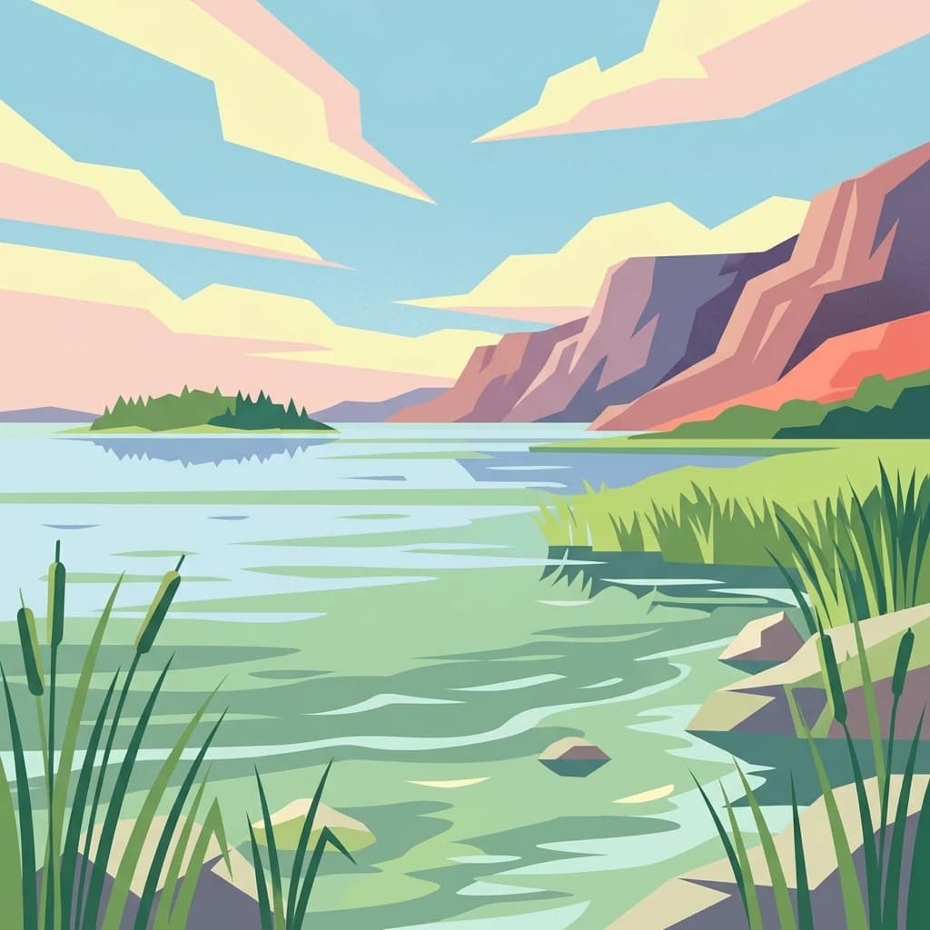 Illustration of a lake with calm water, grassy shore, reeds, and rocky mountains under a colorful sky