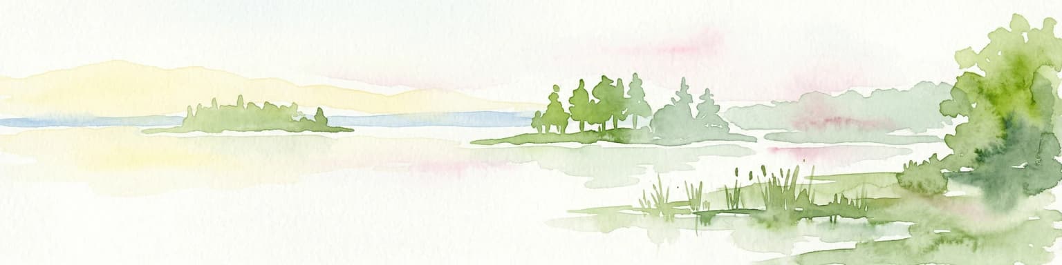 Watercolor painting showing a lake with small forested islands and distant horizon.