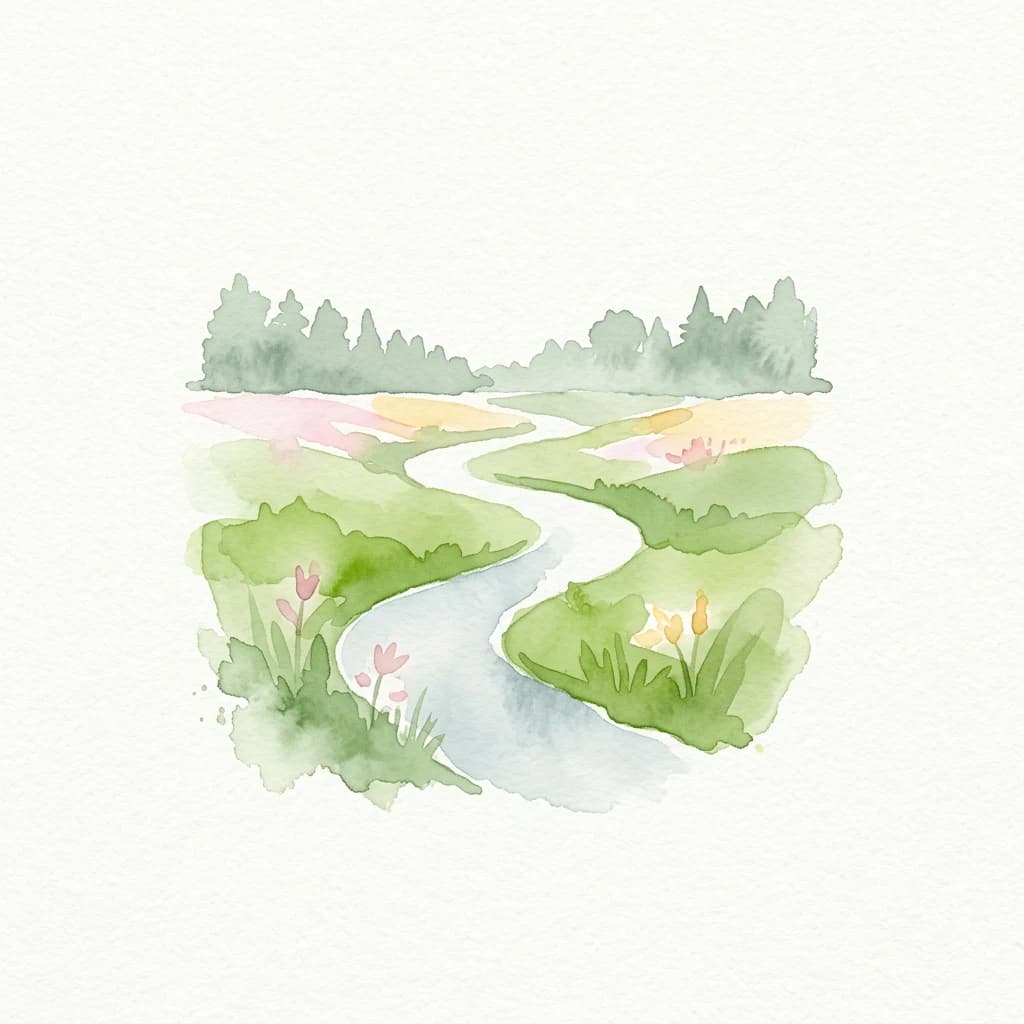 Watercolor illustration showing a winding river through green fields with flowers and trees