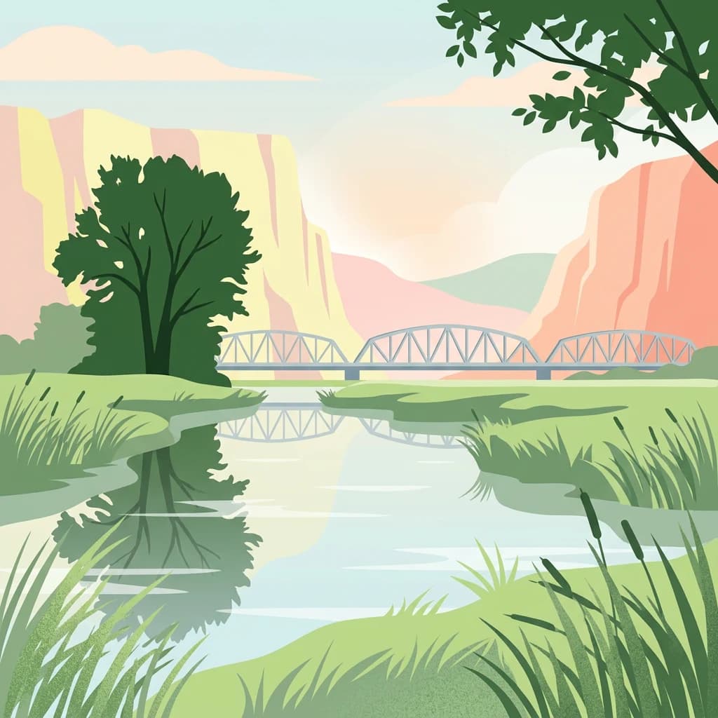 Illustration showing a river with a bridge, green vegetation, and colorful cliffs in the background