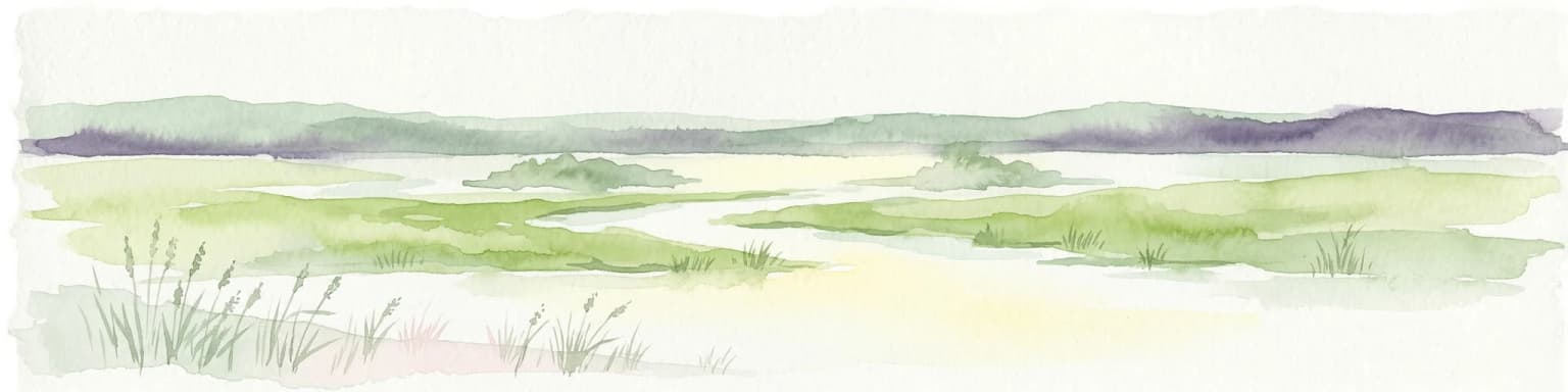 Watercolor painting showing a winding river through marshy fields with distant hills