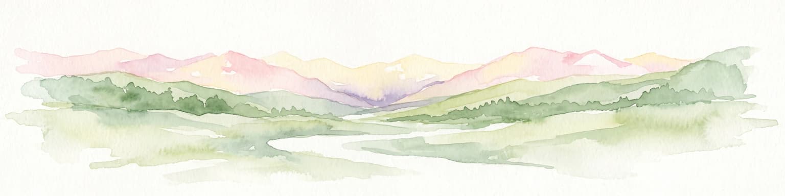 A soft watercolor painting of a mountain valley with green rolling hills and a winding stream, rendered in light pastel tones on a white background.