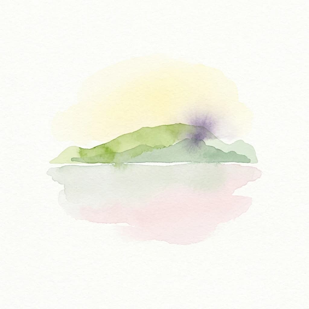 Watercolor illustration of a green island with reflection in pink water under yellow sky