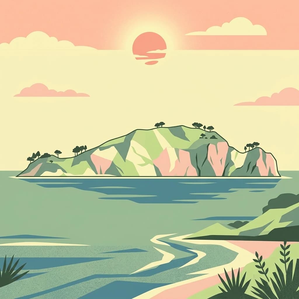 Stylized illustration of a coastal island with a sunset over the sea, featuring green hills, a sandy beach, and palm-like vegetation.