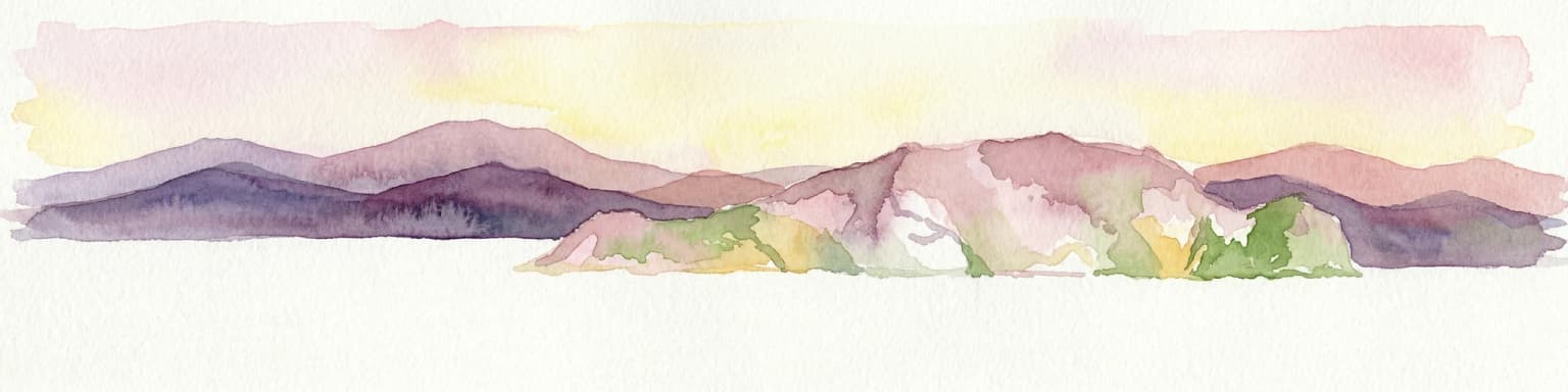 Watercolor illustration of a mountain range with greenery and distant peaks under a light sky