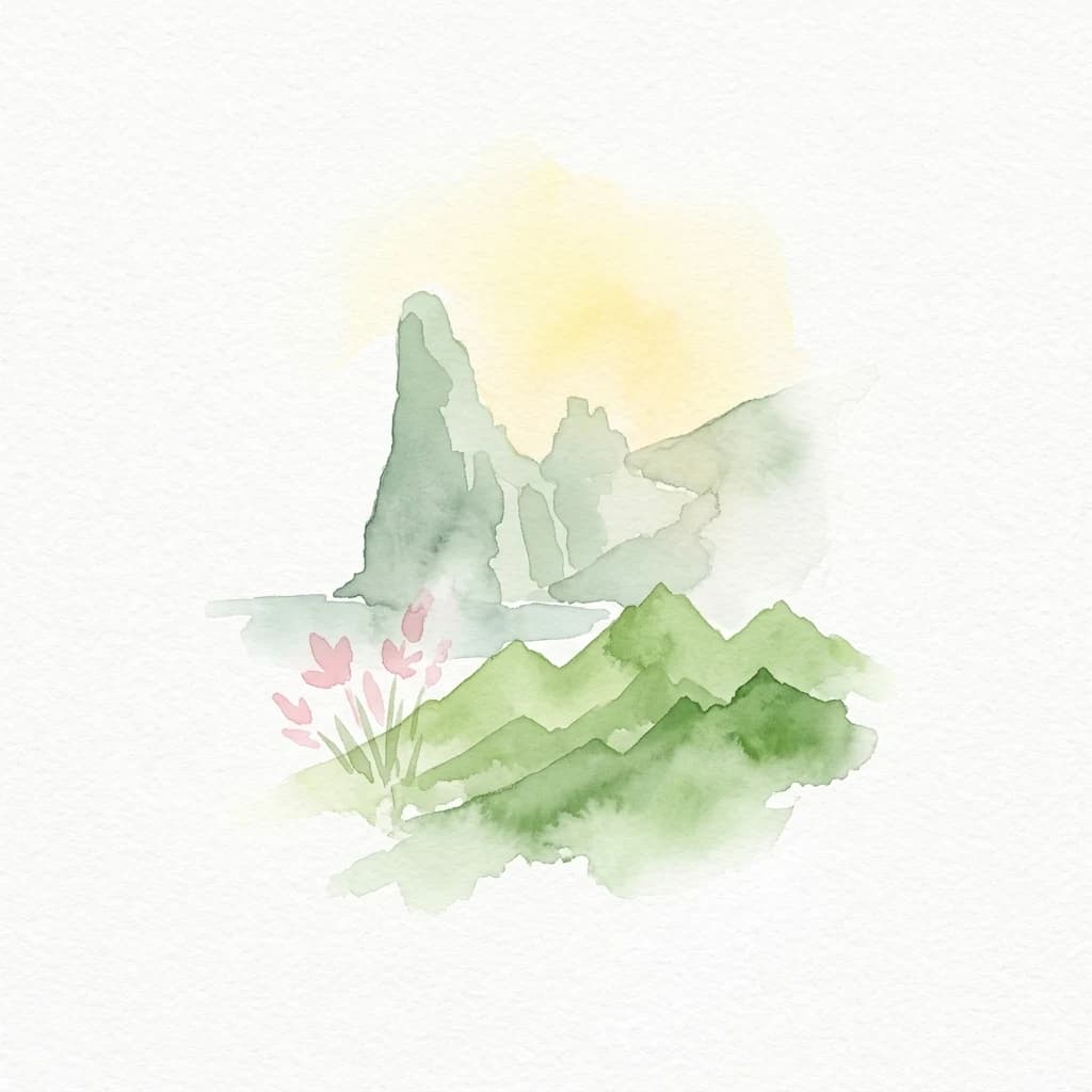Watercolor illustration showing green mountains by the sea with pink flowers in foreground