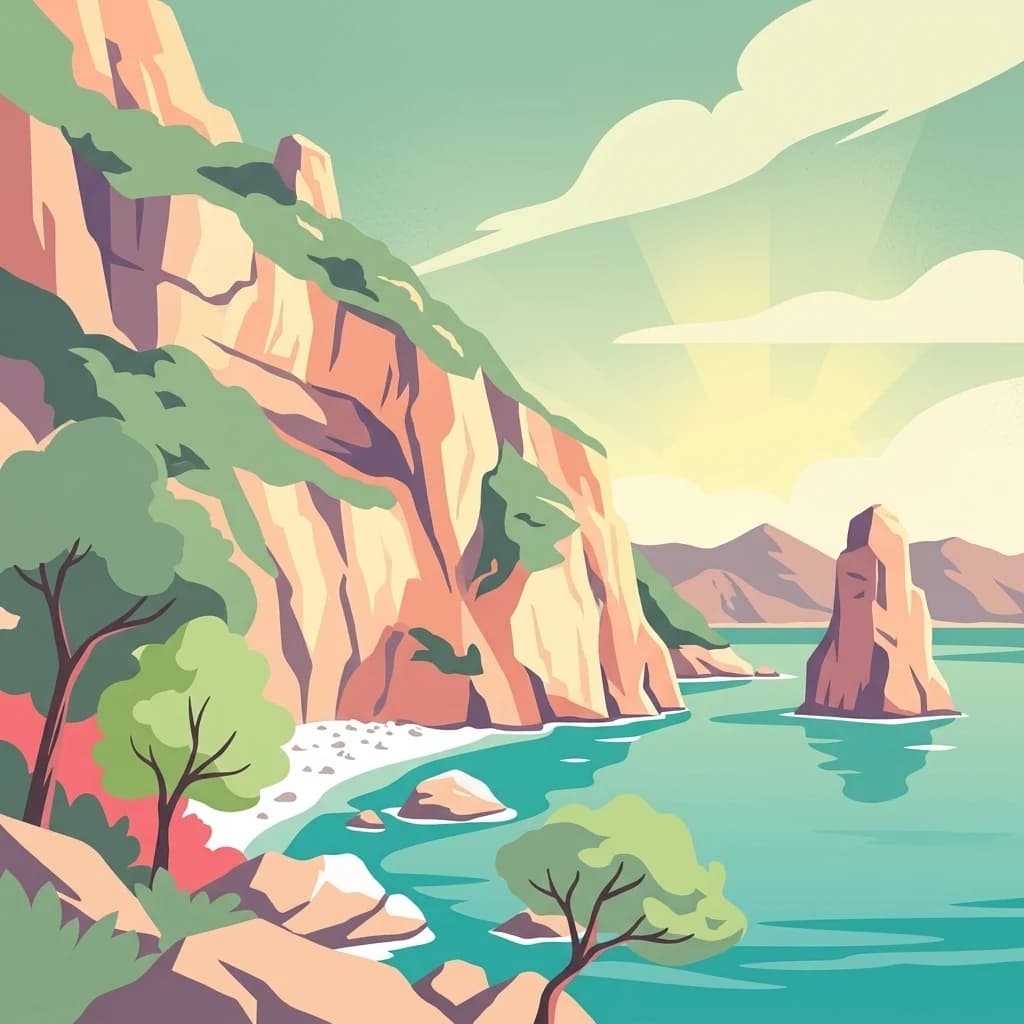 Ilustración estilizada de acantilados costeros rocosos, mar turquesa, árboles dispersos y un farallón