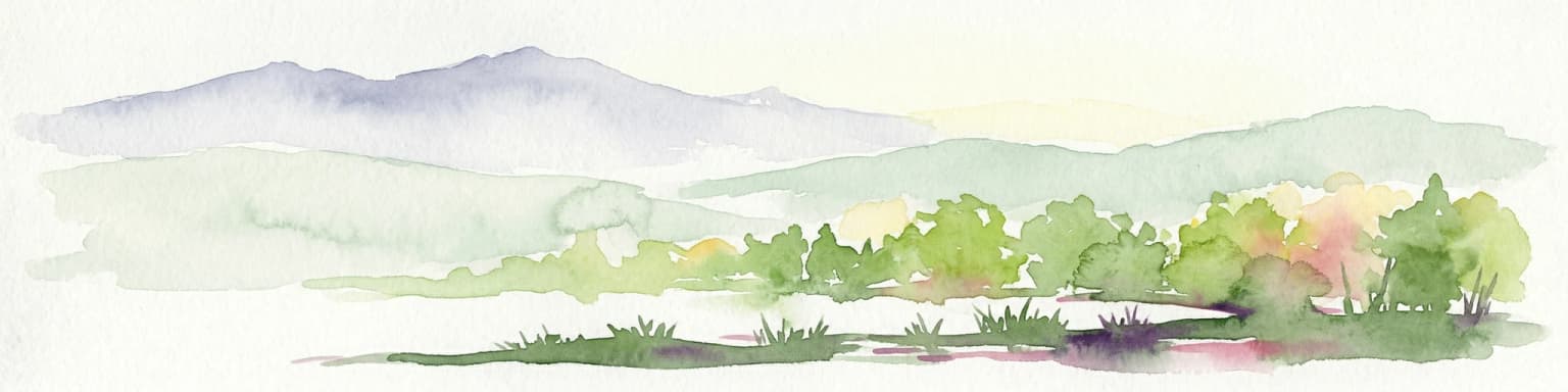 Watercolor painting of a mountainous landscape with green forests and distant hills