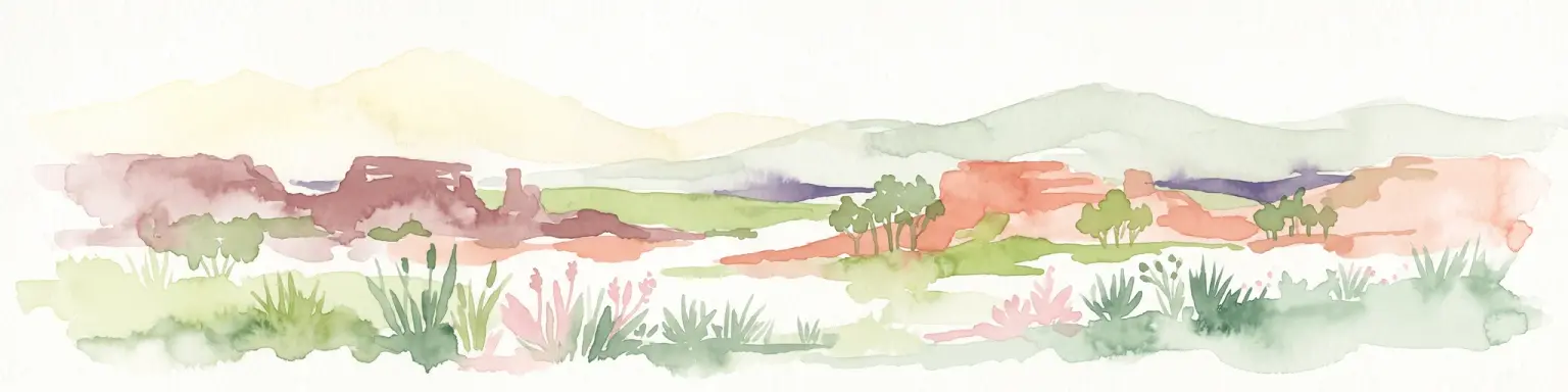 Pintura en acuarela de un paisaje árido con formaciones rocosas de arenisca roja, matorrales verdes y pastos frente a montañas pálidas.