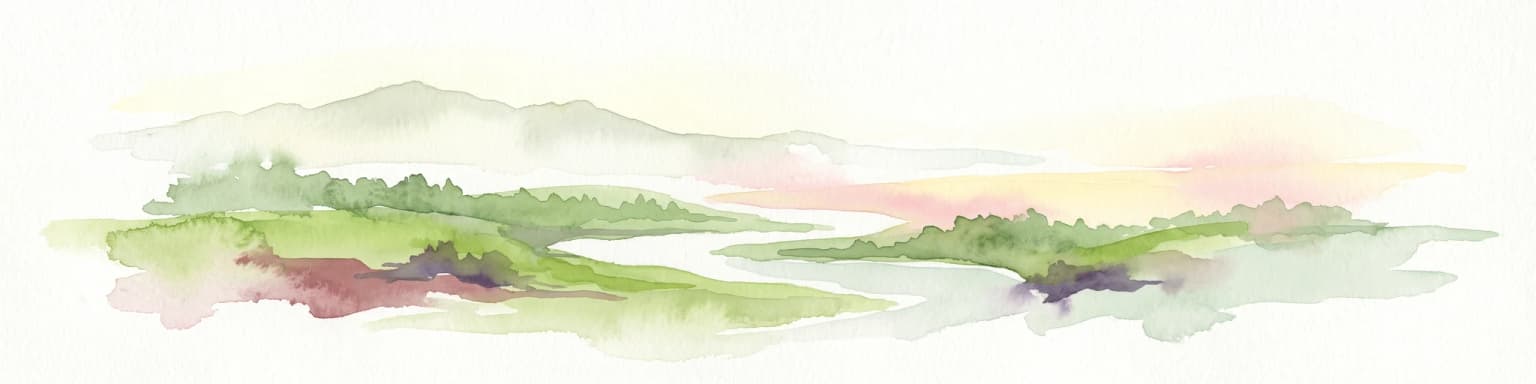 A minimalist watercolor painting of rolling hills and a stream, using soft greens, purples, and pale yellows on a white background.