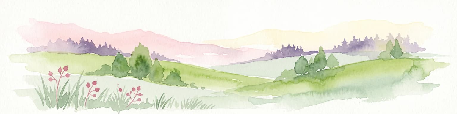 Una ilustración en acuarela que muestra colinas verdes onduladas, pequeños grupos de árboles y una cresta boscosa distante contra un cielo suave.