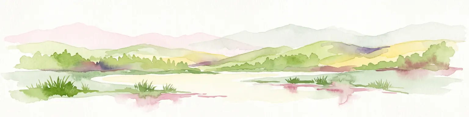 Watercolor painting of green rolling hills and a calm, pale water surface under a soft, light-colored sky.