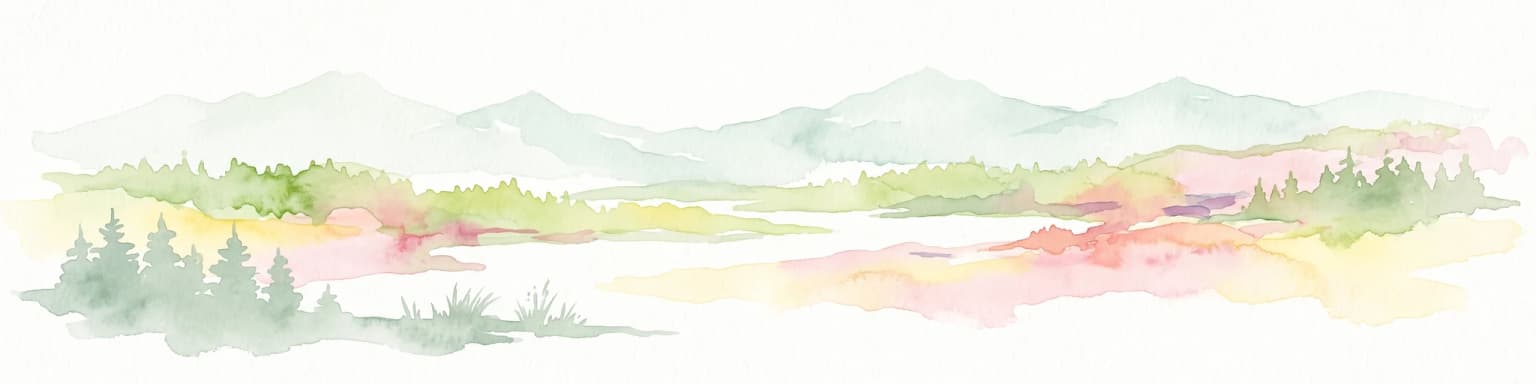 Una suave ilustración en acuarela que representa un paisaje montañoso panorámico con árboles de hoja perenne en primer plano y colinas onduladas al fondo en tonos pastel de verde, amarillo y rosa.