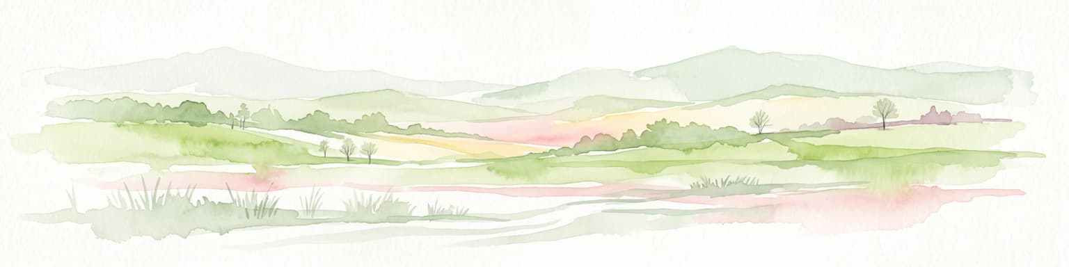 A pale, minimalist watercolor painting showing rolling green hills, meadows, and sparse trees against a soft, light background.