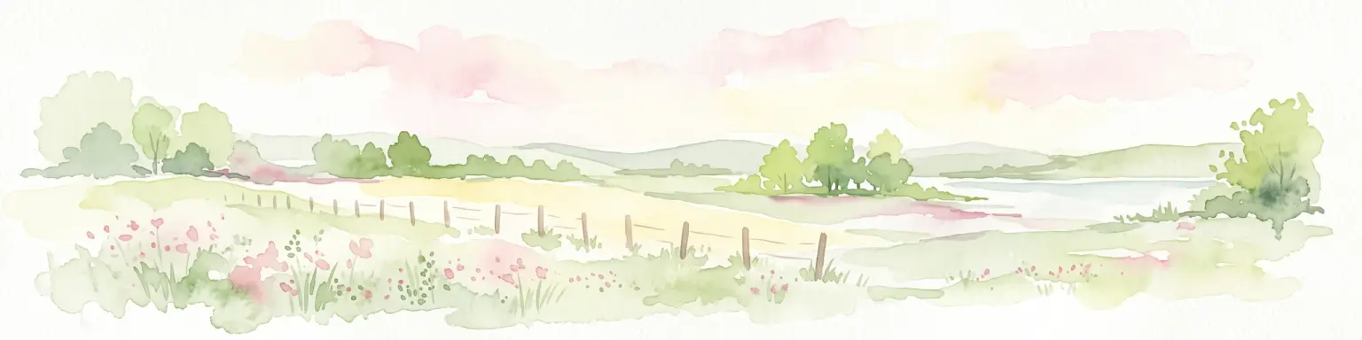 A watercolor painting of a gentle river valley with soft green hills, wildflowers in the foreground, and a wooden fence line.
